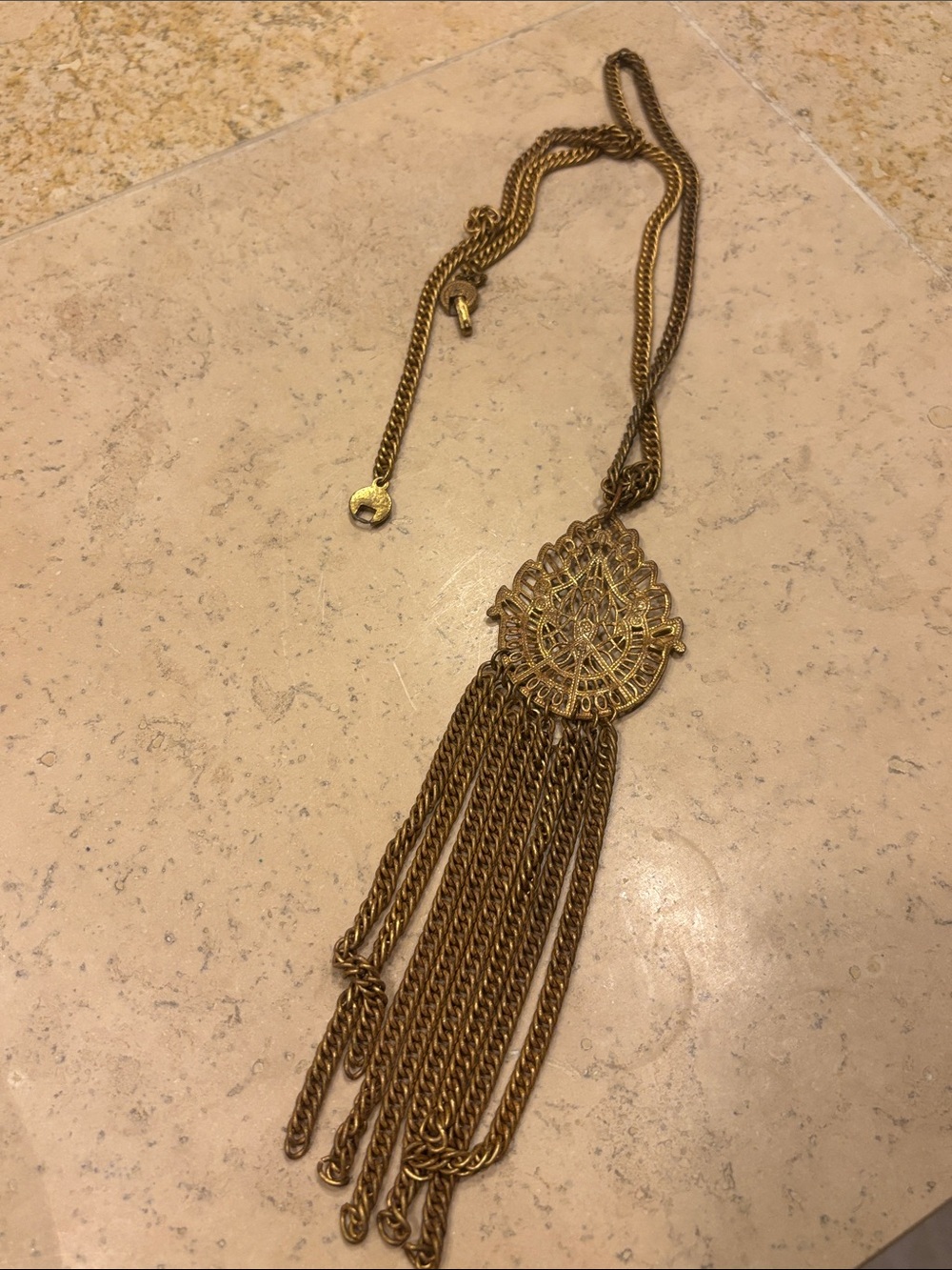 Gold-Tone Filigree Tassel Pendant with Vintage Necklace